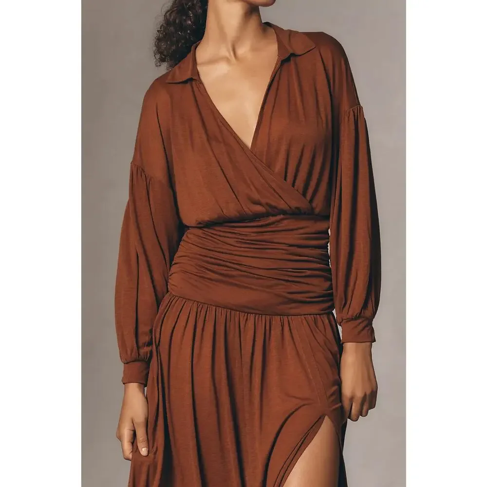 Anthropologie Maeve Ruched Wool Blend Midi Dress Brown Size M NWT